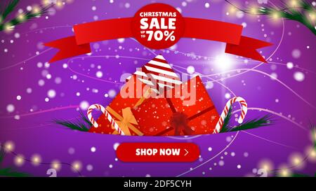 Weihnachtsangebot. Viele verschiedene Neujahrsgeschenke auf dem festlichen Hintergrund. Frohe Weihnachten und Frohes neues Jahr. Farbig. Winterurlaub Setzen Realistisch Stock Vektor