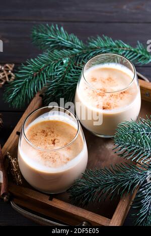 Eierwein Weihnachtsmilch-Cocktail mit Zimt, serviert in zwei Gläsern auf Vintage-Tablett mit Tannenzweig auf dunklem Holzhintergrund Stockfoto