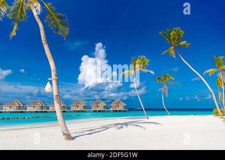 Perfekter Inselstrand mit Wasservillen, Luxusbungalows unter Palmen, in der Nähe des blauen Meeres. Unglaubliches Reiseziel, entspannte Strandresortlandschaft Stockfoto