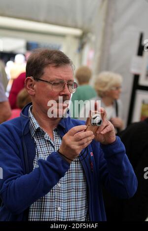 Ayr Flower Show 2014, Rozelle Park, Ayr, Ayrshire, Schottland Großbritannien. Menschen jeden Alters genießen die Blumenarrangements, Handwerk und Essen. Fotos werden aufgenommen Stockfoto