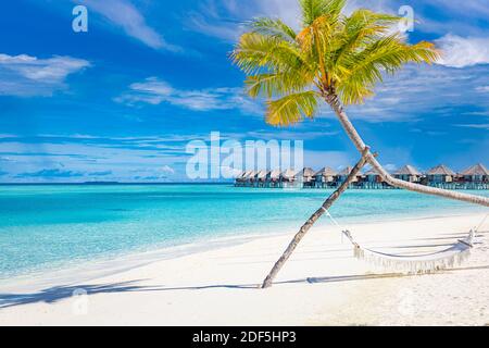 Tropischer Strand Hintergrund als Sommerlandschaft mit Strandschaukel oder Hängematte und weißem Sand und ruhiges Meer für Strand Banner. Perfekter Urlaub am Strand Stockfoto