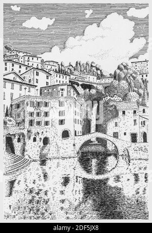 Alte Steinbrücke von Nesso Dorf am Comer See, Italien. Handgemachte bemalte schwarz-weiße Tinte Skizze auf Papier. Vintage-Hintergrund Stockfoto