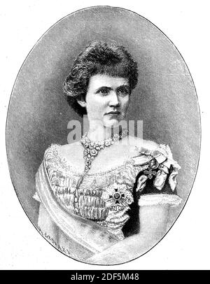 Prinzessin Elisabeth Pauline Ottilie Luise zu Wied, 29. Dezember 1843 - 2. März 1916, durch Heirat Königin von Rumänien und unter dem Pseudonym Carmen Sylva Schriftstellerin / Prinzessin Elisabeth Pauline Ottilie Luise zu Wied, 29. Dezember 1843 - 2. März 1916, durch Heirat Königin von Rumänien und unter dem Pseudonym Carmen Sylva Schriftstellerin, Historisch, historisch, digital verbesserte Reproduktion eines Originals aus dem 19. Jahrhundert / digitale Reproduktion einer Originalvorlage aus dem 19ten Jahrhundert. Jahrhundert Stockfoto