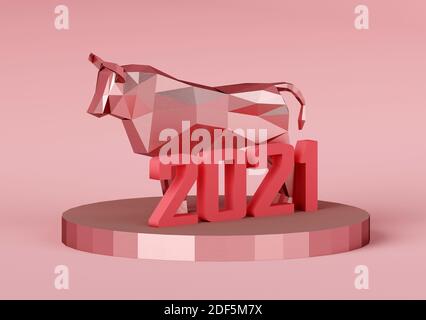 Andenken an einen Low Poly Red Metallic Bull auf einem Stand mit der Nummer 2021, ein Symbol des neuen Jahres, 3d Render Stockfoto