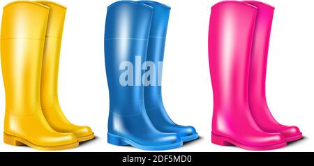 Realistische Vektor Sammlung von Gummi bunten Stiefel. Stock Vektor