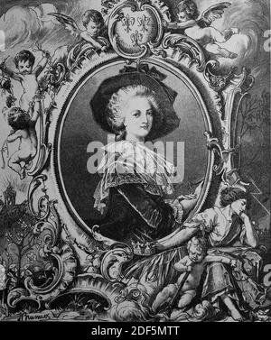 Marie-Antoinette, 2. November 1755 - 16. Oktober 1793, geboren als Erzherzogin Maria Antonia von Österreich durch Heirat mit dem Thronfolger Ludwig August, wurde sie Dauphine von Frankreich am 16. Mai 1770, dann Königin / Marie-Antoinette, 2. 1755. - 16. November. Oktober 1793, als Erzherzogin Maria Antonia von Österreich geboren. Durch Heirat mit dem Thronfolger Ludwig August wurde sie am 16. Mai 1770 Dauphine von Frankreich, dann Königin, Historisch, historisch, digital verbesserte Reproduktion eines Originals aus dem 19. Jahrhundert / digitale Reproduktion einer Originalvorlage aus dem 19. Jahrhundert Stockfoto