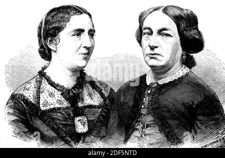 Friederike Wilhelmine Auguste Schmidt, 3. August 1833 - 10. Juni 1902, Deutschlehrerin und Schriftstellerin, die gemeinsam mit Louise Otto-Peters, 26. März 1819 - 13. März 1895, sozialkritische Schriftstellerin, Frauenaktivistin, den Allgemeinen Deutschen Frauenverband ADF / Friederike Wilhelmine Auguste Schmidt, 3 gründete. 1833. Bis 10. August. Juni 1902, deutsche Lehrerin und Schriftstellerin, die 1865 gemeinsam mit Louise Otto-Peters, 26. März 1819 - 13. März 1895, sozialkritische Schriftstellerin, Frauenaktivistin, den Allgemeinen Deutschen Frauenverein ADF gründete, Historisch, historical, digital improved Stockfoto