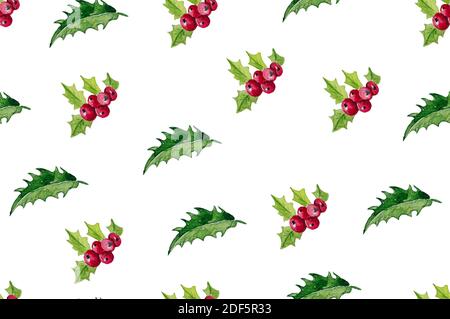 Weihnachten Holly Beeren und Blätter Aquarell nahtlose Muster auf weiß Hintergrund Stockfoto
