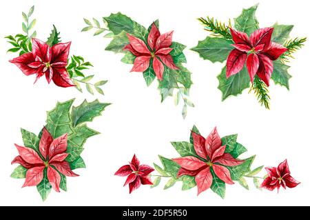 Set mit verschiedenen Knopflöchern aus Weihnachtsstern und grünen Blättern auf weißem Hintergrund. Aquarell-Handzeichensatz Stockfoto
