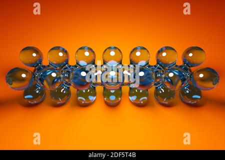 3d-Darstellung eines transparenten Metallaballes mit einer riesigen Anzahl von Teilen auf einem orangen Hintergrund. Digitale Metaball Hintergrund des Fliegens Überlaufen in e Stockfoto