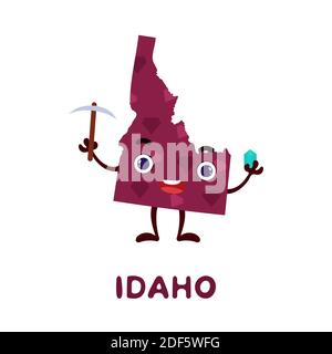 Niedliche Cartoon Idaho Staat Charakter Cliparts. Illustrierte Karte des Bundesstaates Idaho der USA mit Staatsname. Lustige Charakter Design für Kinder Spiel, Aufkleber, Stock Vektor