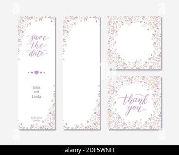 Hochzeitsschablone mit Blumen und Handschriftzug. Speichern Sie das Datum, Danke. Stock Vektor