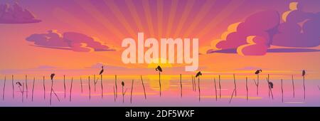 Wunderschöner Sonnenuntergang in warmen rosa und violetten Tönen. Stock Vektor