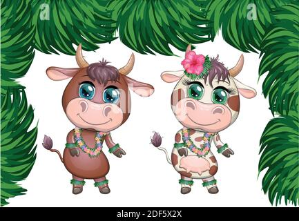 Ein Paar niedliche Cartoon-Stier und Kuh mit schönen Augen ist die Figur eines hawaiianischen Hula-Tänzerin zwischen Blättern, Blumen. Lustiger Bullen-Tanz. 2021 Jahre Stock Vektor