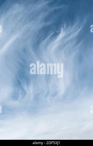 Weiße, federleichte, flauschige Wolken auf blauem Himmel, Hintergrund und Textur Stockfoto