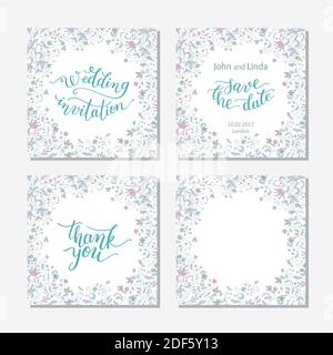 Hochzeitsschablone mit Blumen und Handschriftzug. Hochzeitseinladung, vielen Dank, merken Sie sich das Datum vor. Stock Vektor