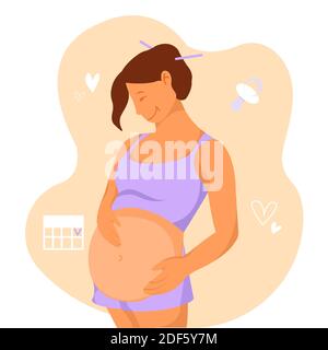 Schöne junge schwangere Frau mit großen Bauch flach Design Illustration. Minimalistisches Design, flache Cartoon-Vektor-Illustration Stockfoto