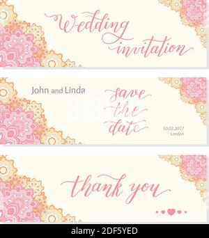 Hochzeitsschablone mit Blumen und Handschriftzug. Hochzeitseinladung, vielen Dank, merken Sie sich das Datum vor. Stock Vektor