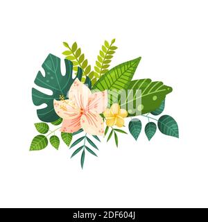 Blumensträuße aus tropischen Blumen und Blättern auf einem isolierten Hintergrund. Hibiskus, Banane, Palme, Blätter. Vektorgrafik. Stock Vektor