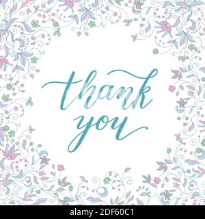 Blumenrahmen und Handschriftzug danke Stock Vektor