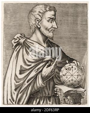 Pythagoras (ca. 570-c. 495 v. Chr.) griechischer Philosoph und Mathematiker, Porträtstich von Andre Thevet, um 1584 Stockfoto