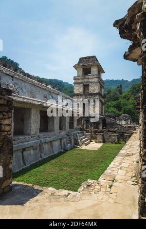 Maya-Tempelruinen mit Palastterrasse und Aussichtsturm im tropischen Wald, Palanque, Chiapas, Mexiko Stockfoto