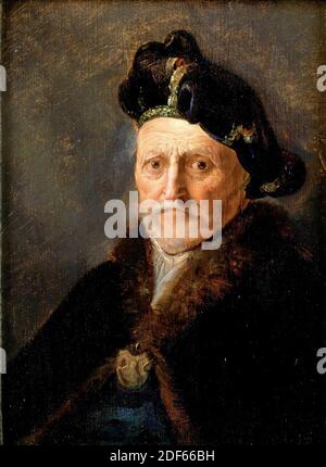 Malerei, Jacques des Rousseaux, c. 1640, Tafel, Ölfarbe, bemalt, Öffnung: 22.6 x 17,6cm (226mm, 17,6cm), mit Rahmen: 44.8 × 39 × 4.5cm (448 × - 390 × 45mm), Männerportrait, Porträt eines unbekannten Mannes. Er ist als Büste dargestellt, leicht nach links gerichtet und schaut auf den Betrachter. Er trägt einen Schnurrbart und einen Bart, beide grau. Er trägt ein dunkelblaues mit goldener Kopfbedeckung auf dem Kopf, und er ist weiter in einem Pelzmantel gekleidet, der in der Mitte zusammengehalten wird, der auch eine Medaille oder ein anderes Unterscheidungszeichen enthält. Nicht signiert. Die Malerei ist in einem Holzrahmen mit einem vergoldeten Innenrand, 2002 Stockfoto