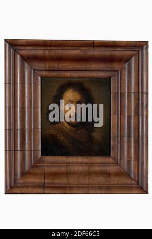 Gemälde, 17. Jahrhundert, Tafel, Ölfarbe, bemalt, Träger: 19.4 × 16 × 1cm (194 × 160 × 10mm), mit Rahmen: 33.2 × 31.5 × 6cm (332 × 315 × 60mm), Männerportrait, Porträt eines unbekannten Mannes mittleren Alters. Er wird als Büste dargestellt, dreiviertel nach rechts gedreht, geradeaus nach vorne gewandt und auf den Betrachter blickend. Er hat langes lockiges schwarzes Haar, einen kurzen Ringbart und einen Schnurrbart. Er trägt einen goldenen Ohrring im rechten Ohr, ein graues Hemd, eine braune Robe und eine goldene Kette um die Schultern. Das Licht fällt von links und lässt die rechte Hälfte des Mannes im Dunkeln. Der Hintergrund ist grau-grün. Nicht signiert Stockfoto