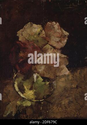 Gemälde, Menso Kamerlingh Onnes, 1890, Signaturfront, oben rechts: M. Kamerlingh Onnes 1890, Tafel, Ölfarbe, bemalt, Allgemein (Maße nach Katalog 1983): 46 x 35cm (460 x 350mm), mit Rahmen: 61.5 × 50 , 2 × 5,3cm (615 × 502 × 53mm), Stillleben, Rose, Blume Stillleben mit Rosen. In einer Glaskugelvase, die vor einem braunen Hintergrund platziert ist, gibt es drei rosa und eine dunkelrote Rose. Der Hintergrund ist braun bis grün-schwarz. Signiert oben rechts. Das Gemälde ist in einem lackierten Holzrahmen mit einem vergoldeten Innenkante, 1952 Stockfoto