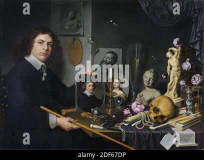 Vanitas Stillleben mit einem Selbstporträt des jungen Malers, Gemälde, David Bailly, 1651, Signatur vorne, unten rechts, auf Papier: David. Bailij. Pinxit. / Ao 1651, Platte, Ölfarbe, lackiert, Träger: 89.5 x 122 x 0,8 cm (895 x 1220 x 8 mm), mit Rahmen: 118 × 150 × 5,5cm (1180 × 1500 × 55mm) , Flöte, Selbstportrait, Selbstportrait, Buch, Totenkopf, Frauenportrait, Männerportrait, Kerzenständer, Rose, Vanitas, Innenraum, Münze (Tauschmedium), Kreidezeichnung mit Männerportrait. Der Mann schaut nach links und hält seinen Kopf in der Hand. Er trägt einen gestreiften Busen. Nicht signiert Stockfoto