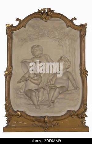 Jan van Dam, wohl zweite Hälfte 19. Jahrhundert, Signatur vorne, unten links: J. v. Dam, Leinwand, Ölfarbe, Träger: 108 × 74.5 × 1.6cm 1080 × 745 × 16mm, mit Rahmen: 131 × 85 × 7cm 1310 × 850 × 70mm, Flöte, Musik machen, Engel, Tamburin, Baum, Grisaille, ursprünglich ein Kaminstück, das drei musizende Kinder darstellt. Zwei Jungen sind nach rechts vorne gewohnt: Der linke bläst eine Flöte und der rechte singt. Hinter ihnen ein drittes Kind mit Tamburin. Im Hintergrund rechts ein Baum. Signiert unten links. Malerei ist in einem Original? Vergoldeter Holzrahmen im Louis XV Stil Stockfoto
