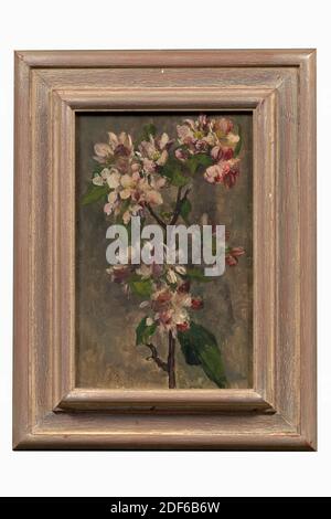 Gemälde, Floris Verster, 1905, Signatur vorne, unten Mitte: Floris Verster 05, Leinwand, Karton, Ölfarbe, bemalt, Träger: 31 × 20.5 × 0,2cm 310 × 205 × 2mm, mit Rahmen: 43 × 32 × 3.5cm 430 × 320 × 35mm, Blume, Stillleben, Stillleben mit Blüte. Ein Ast von Apfelblüten ist vor grünlichem Hintergrund dargestellt. Unten in der Mitte signiert. Das Gemälde ist in einem goldfarbenen mit silberfarbenen bemalten Holzrahmen, 1990 Stockfoto