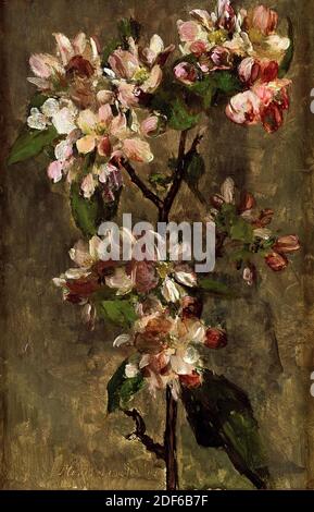 Gemälde, Floris Verster, 1905, Signatur vorne, unten Mitte: Floris Verster 05, Leinwand, Karton, Ölfarbe, bemalt, Träger: 31 × 20.5 × 0,2cm 310 × 205 × 2mm, mit Rahmen: 43 × 32 × 3.5cm 430 × 320 × 35mm, Blume, Stillleben, Stillleben mit Blüte. Ein Ast von Apfelblüten ist vor grünlichem Hintergrund dargestellt. Unten in der Mitte signiert. Das Gemälde ist in einem goldfarbenen mit silberfarbenen bemalten Holzrahmen, 1990 Stockfoto
