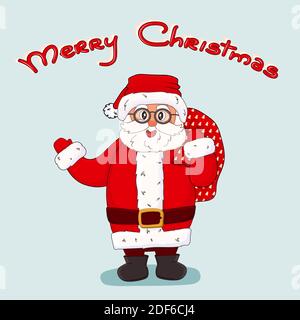 Hand gezeichnet Cartoon Santa Claus ist in den Hut, rot weißen Pelz Mantel, Stiefel, Brille, Handschuhe, hält Tasche mit Geschenken steht in der Nähe Frohe Weihnachten Text und wa Stock Vektor