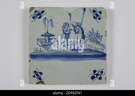 Wandfliese, Anonymous, 18. Jahrhundert, Zinn Glasur, Steingut, allgemein: 12.9 x 13.1 x 1,5 cm (129 x 131 x 15 mm), Schäfer, Schafe, Nordholland, Steingut Wandfliese mit Zinn Glasur in blau lackiert bedeckt. Die Fliese zeigt eine Szene von einem Hirten und einer Hirtin mit zwei Schafen an einem Brunnen mit einem Brunnen. Die Fliese hat eine Spinne als Eckmotiv, 1985 Stockfoto