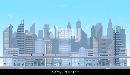 Stadtlandschaft zeitgenössische große moderne Gebäude und Netzwerk-Verbindung Internet auf dem oberen Himmel. Concept City Vector Illustration Stock Vektor