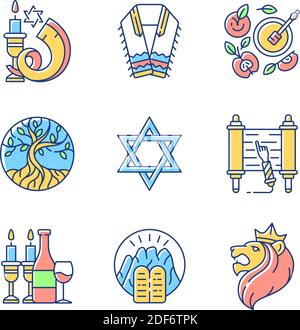 Judaismus Symbole RGB-Farbsymbole gesetzt Stock Vektor