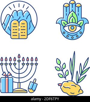 Judaismus Überzeugungen RGB-Farbe Symbole gesetzt Stock Vektor
