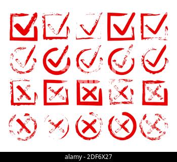 Markieren Sie rot. Grunge V X handgezeichnete Häkchen. Vektor-Quadrat und Kreis Tinte Skizzen Zeichen Stock Vektor