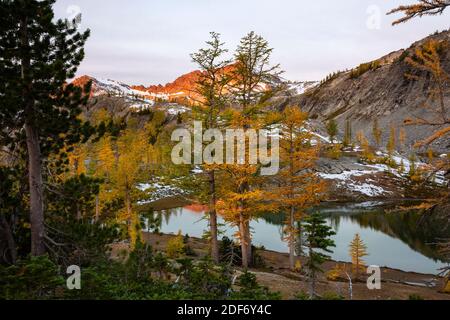 WA18638-00...WASHINGTON - früher Herbstmorgen am Lower Ice Lake in der Glacier Peak Wilderness. Stockfoto