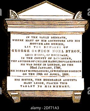 Gedenktafel über dem Grab von Lord Byron (George Gordon Noel Byron - Lord Byron von Rochdale), Peer, Dichter und Politiker, in St. Mary Magdalene Kirche Hucknall, Nottinghamshire, England im Jahr 1842. Er fügte den Namen Noel zu seinem eigenen, um die Hälfte des Besitzes seiner Schwiegermutter Judith Noel, die ehrenvolle Lady Milbanke zu erben Stockfoto