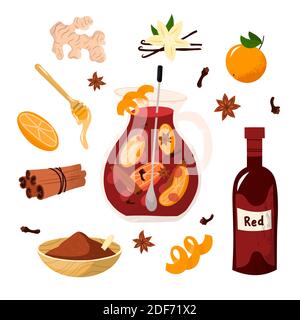 Glühwein-Set. Cocktail mit Gewürzen Anis, Zitrusfrüchte im Winter Anis Getränk Urlaub Alkohol Weinschüssel Glas Illustration Stockfoto