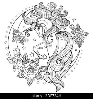 Ein schönes Einhorn mit langer Mähne und Schwanz auf dem Mond unter den Rosen. Schwarzweiß-Bild. Für die Gestaltung von Malbüchern, Postkarten, Tätowierung Stock Vektor