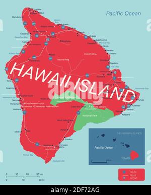 Große Hawaii-Insel Detaillierte editierbare Karte mit Städten und Städten, geografischen Standorten, Straßen, Eisenbahnen, Autobahnen und US-Autobahnen. Vector EPS-10 Fi Stock Vektor