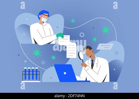 Covid Forschungskonzept, Ärzte Daten mit Wissenschaftlern teilen, die an antiviralen Coronavirus Heilmittel arbeiten, Entwicklung von Impfstoff. Arzt in Stock Vektor