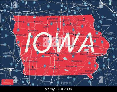 Iowa State detaillierte editierbare Karte mit Städten und Städten, geografischen Standorten, Straßen, Eisenbahnen, Autobahnen und US-Autobahnen. Vector EPS-10-Datei, tre Stock Vektor