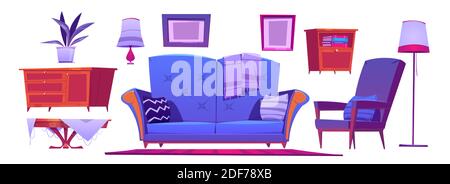 Wohnzimmer-Innenset mit blauem Sofa, Sessel, Couchtisch und Lampen. Vector Cartoon Sammlung von Vintage-Möbel für Haus, Couch mit Kissen, Teppich, Stand mit Büchern und Bilderrahmen Stock Vektor
