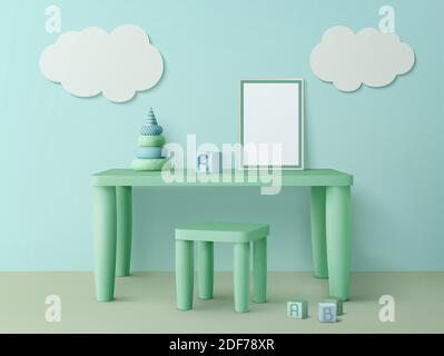 Kindertisch mit Postermockup, Stuhl, Spielzeugwürfel, Pyramide und Wolkendekoration an der Wand. Kinder Spielzimmer Interieur mit Holzmöbeln und Zeug für Spiele und Studium, realistische 3d-Vektor-Illustration Stock Vektor