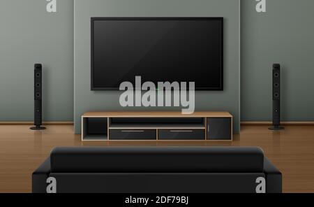 Wohnzimmer mit Sofa-Blick nach hinten und tv mit Dynamik. Heimkino-System mit Fernseher an der Wand, leeres Haus Wohnung mit Holzboden. Apartment-Design, realistische 3d-Vektor-Visualisierung Stock Vektor