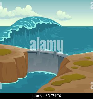 Meereslandschaft mit Staudamm und großer Welle. Schutzkonstruktion für Bucht oder Lagune gegen Wasser massiv. Vektor-Cartoon-Illustration von Wasser Barrikade, Staustufe, Wasserkraftwerk Stock Vektor